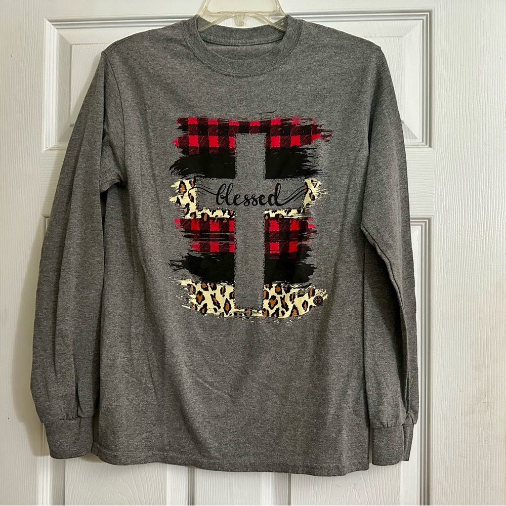 Gray Long Sleeve Tee with Red and Black Plaid Accents